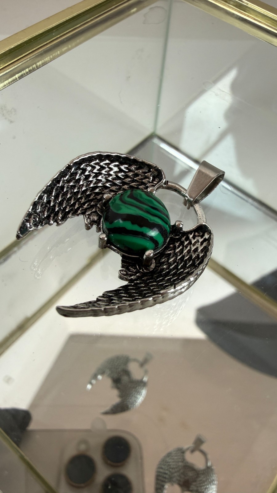 Angel Wing Malachite Style Pendant | Silver Tone Gothic Fantasy Jewelry