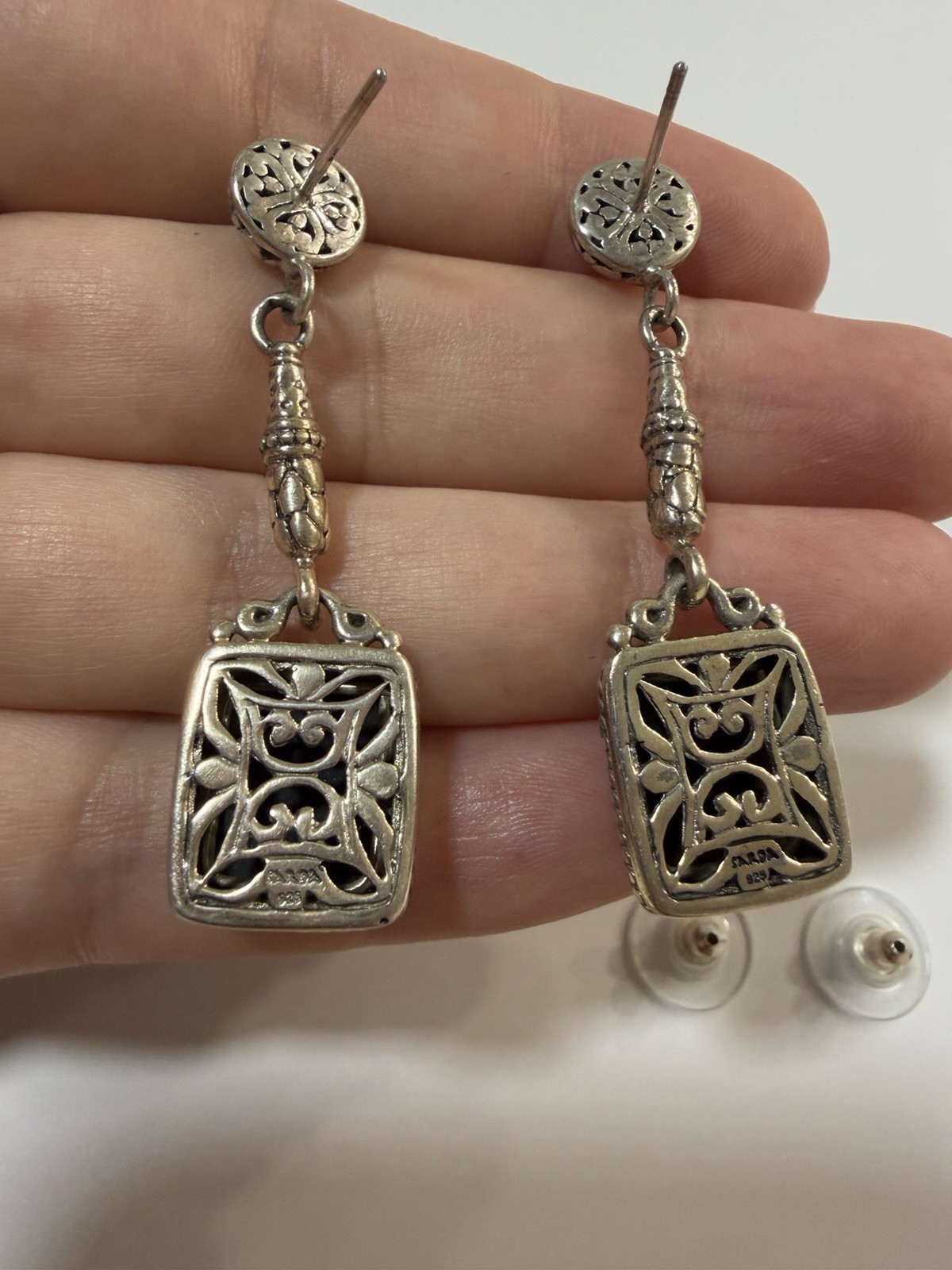 SARDA 925 Sterling Silver Pink Mother of Pearl Mosaic Rose Dangle Earrings