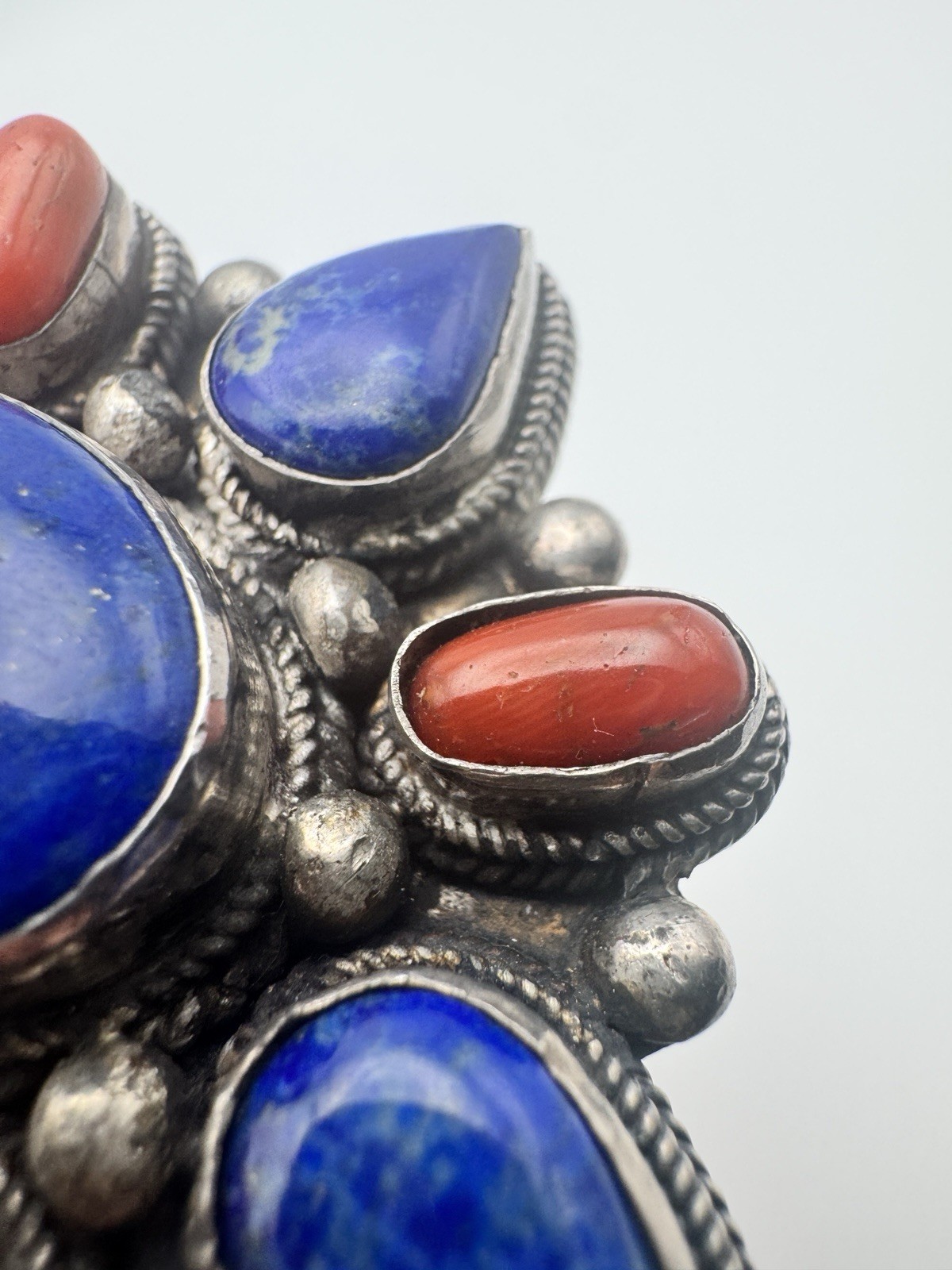 Tibetan Nepal 925 Sterling Silver Lapis & Coral Pendant 49g