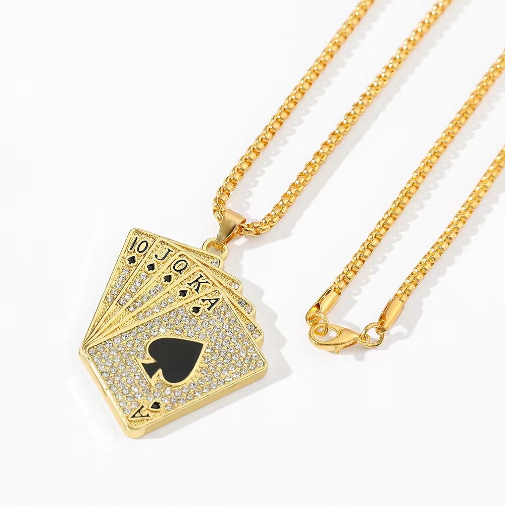 Mens Gold Playing Card CZ Poker Pendant Necklace Punk Hip Hop Jewelry Chain 24″