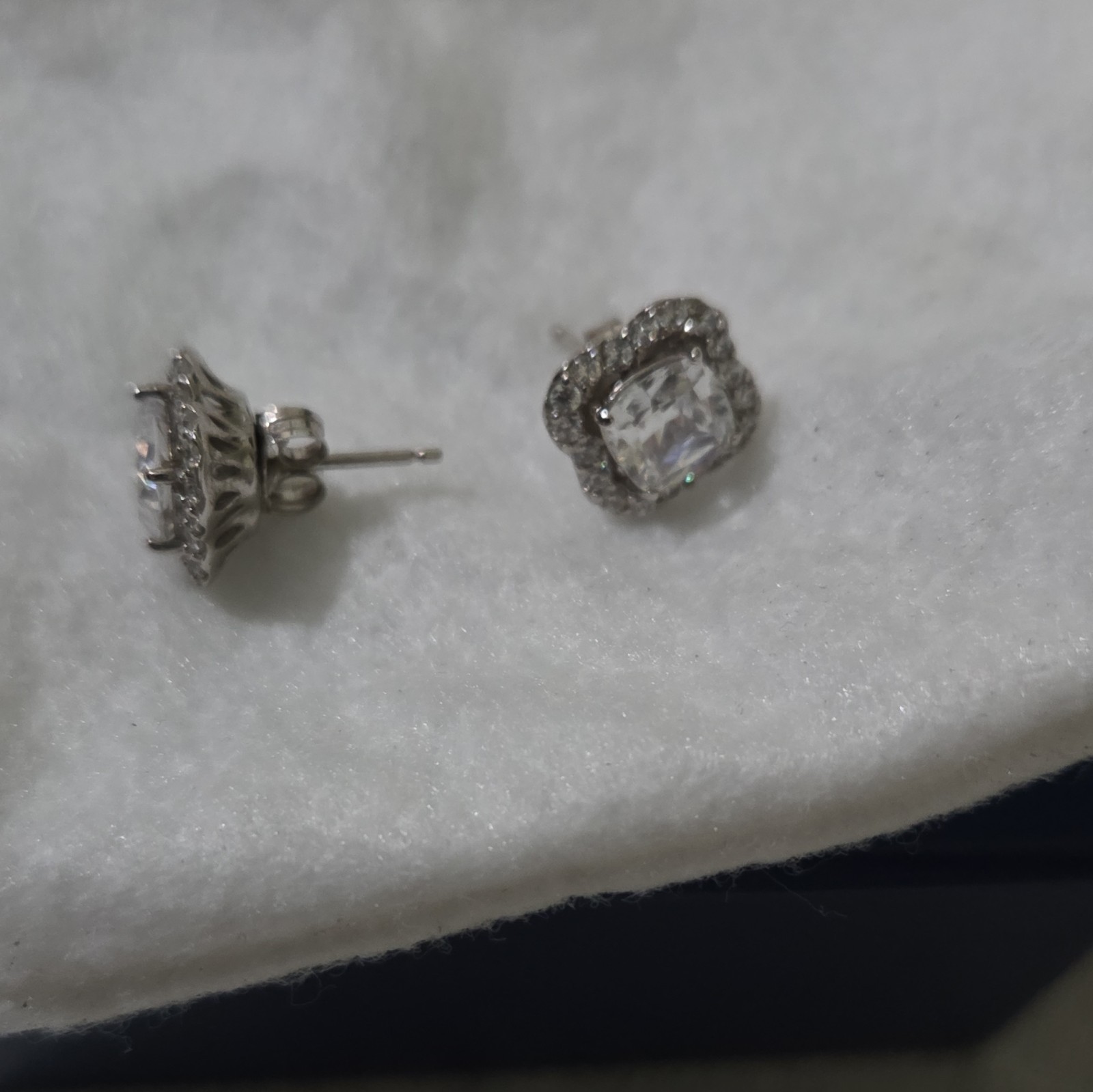 Diamonique Cushion Halo Stud Earrings Simulated CZ Silver Tone Butterfly Back