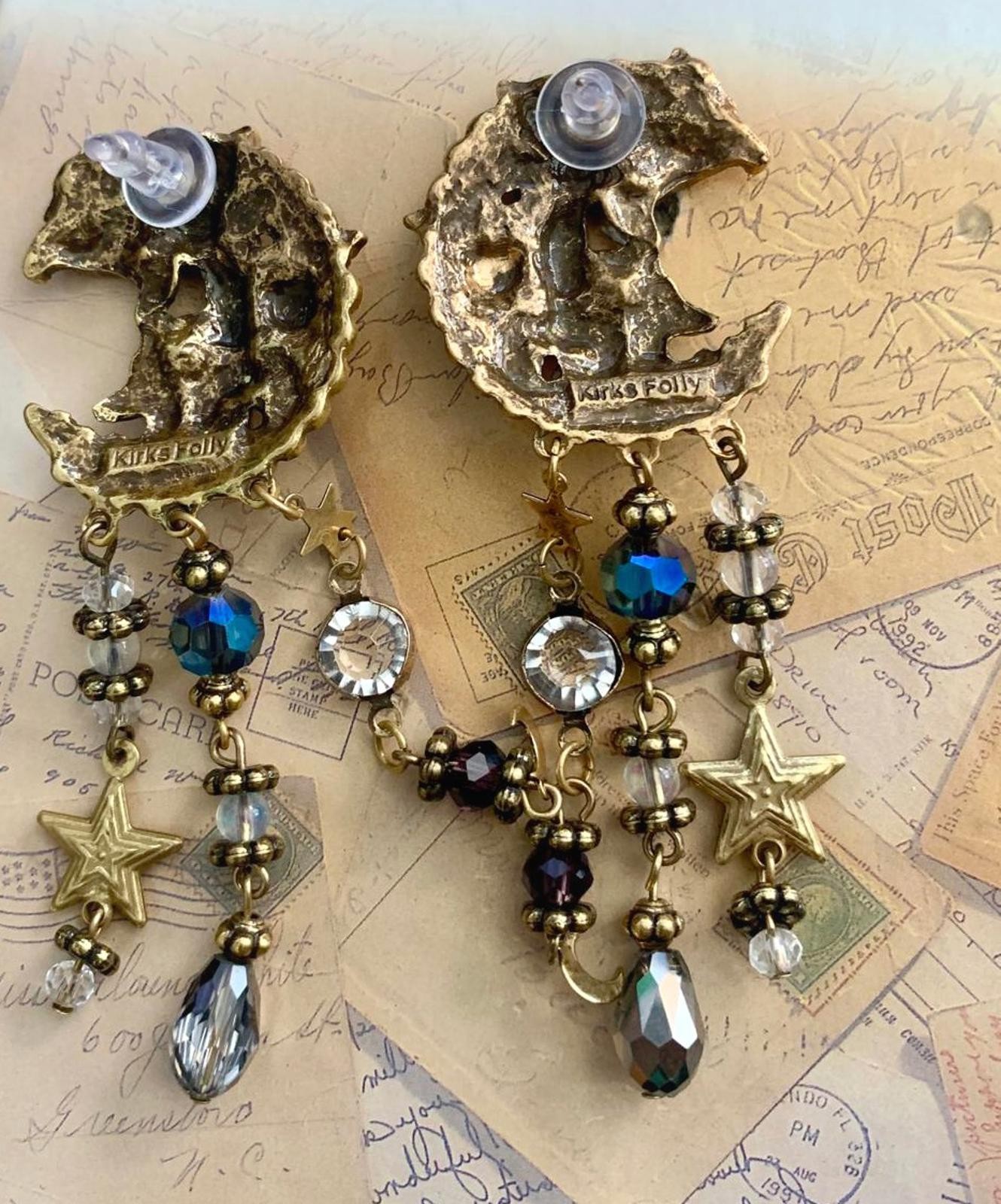 Vintage Designer Fairy Moon Earrings Celestial Star Dangle Fantasy Designer