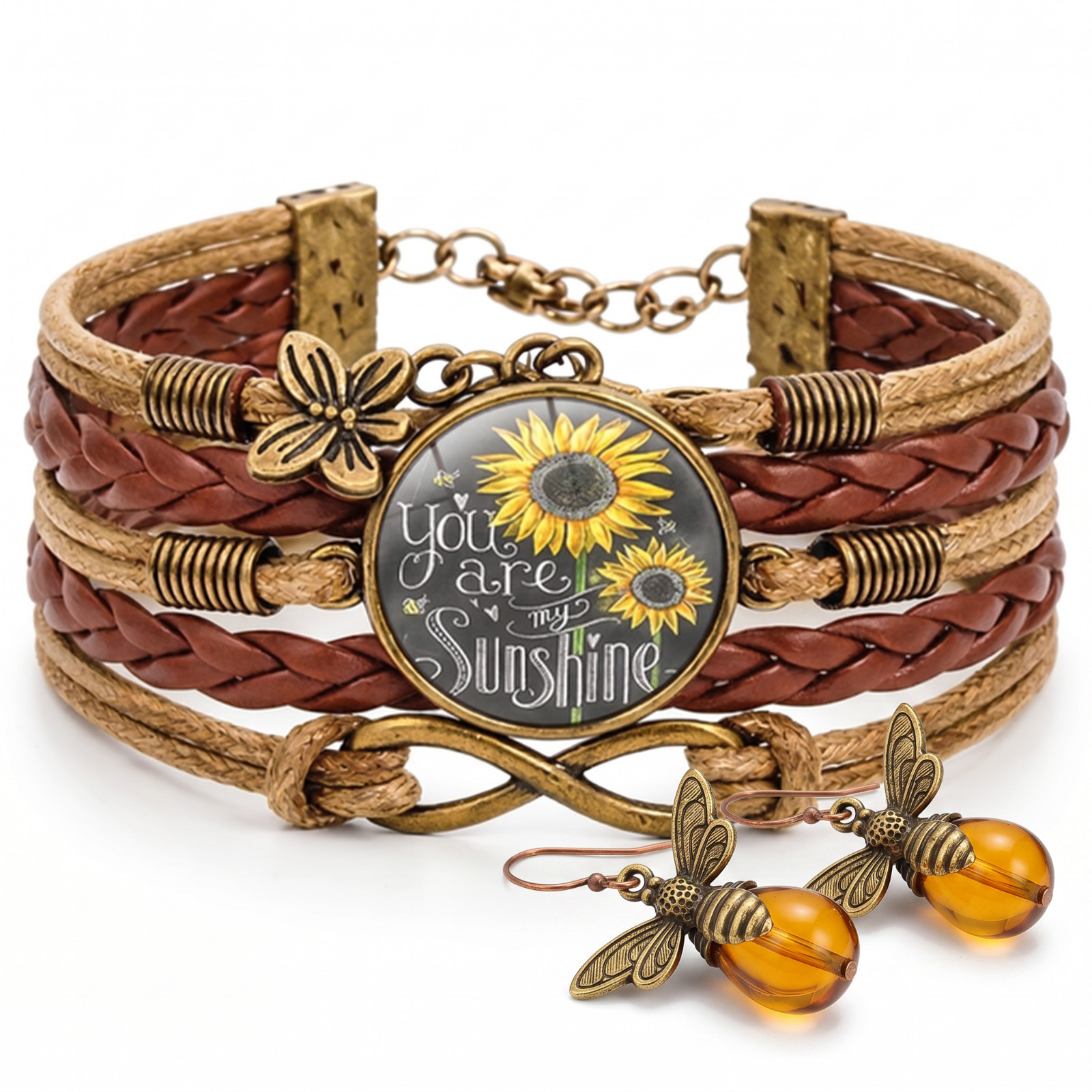Sunflower Boho Bracelet & Bee Earrings Set Women Gold Tone Vintage Gift Bundle