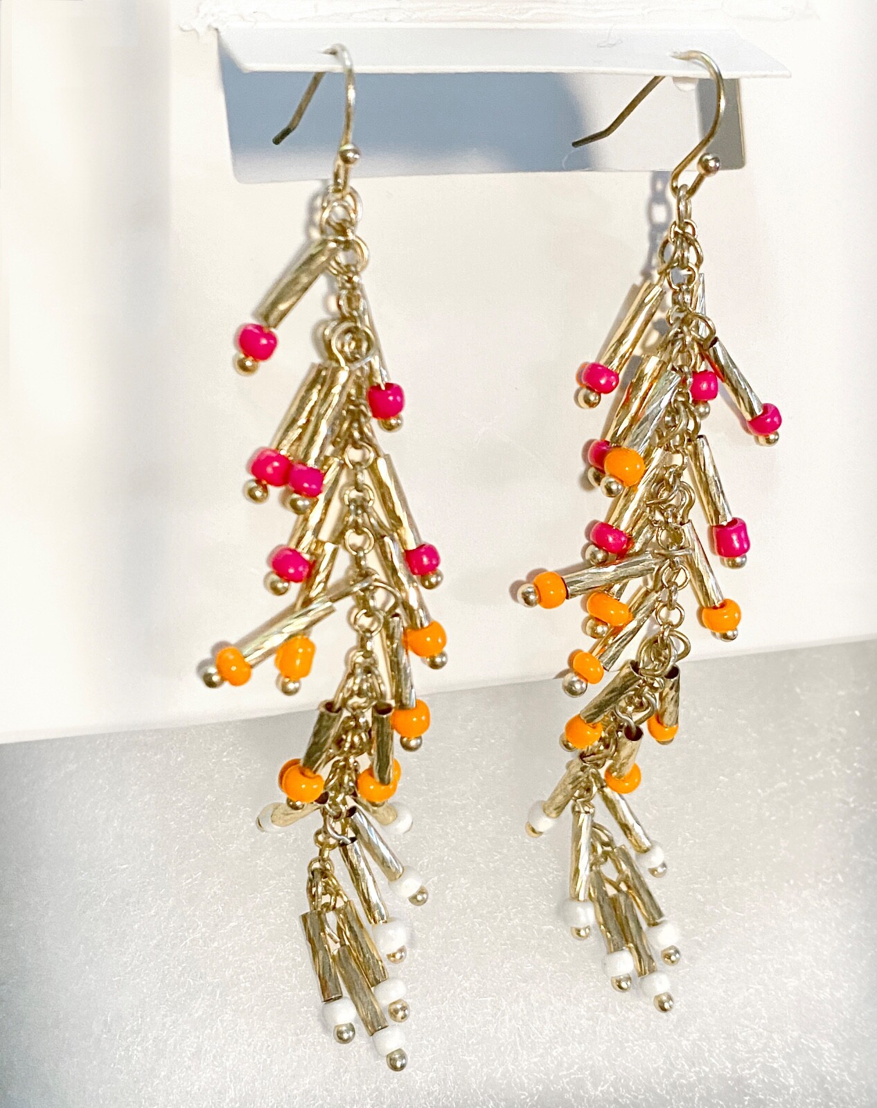 INC Concepts Pink Orange White Bead Gold Tassel Waterfall Earrings Free Bracelet