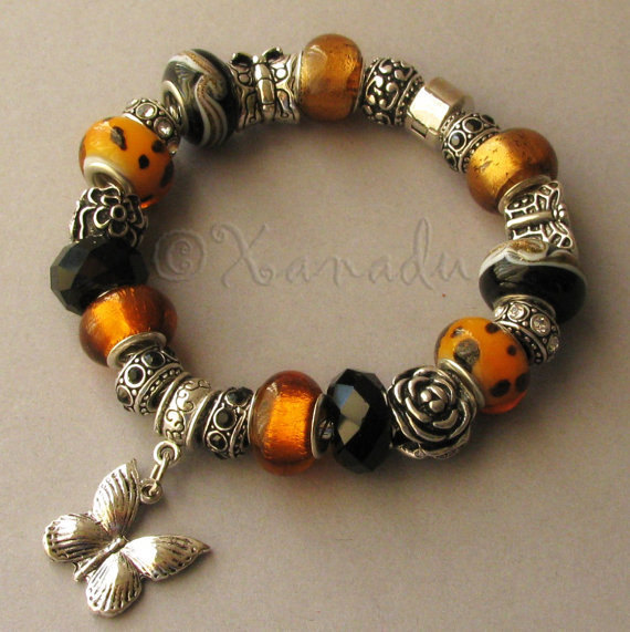 5PCs Golden Amber Brown Lampwork Glass Beads For European Style Charm Bracelets