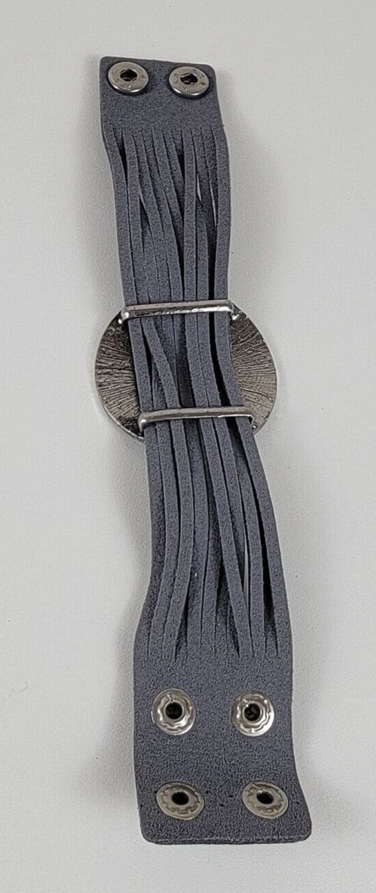 Gunmetal Tone Medallion Charm Gray Leather Cuff Bracelet 7.5-8.5 In