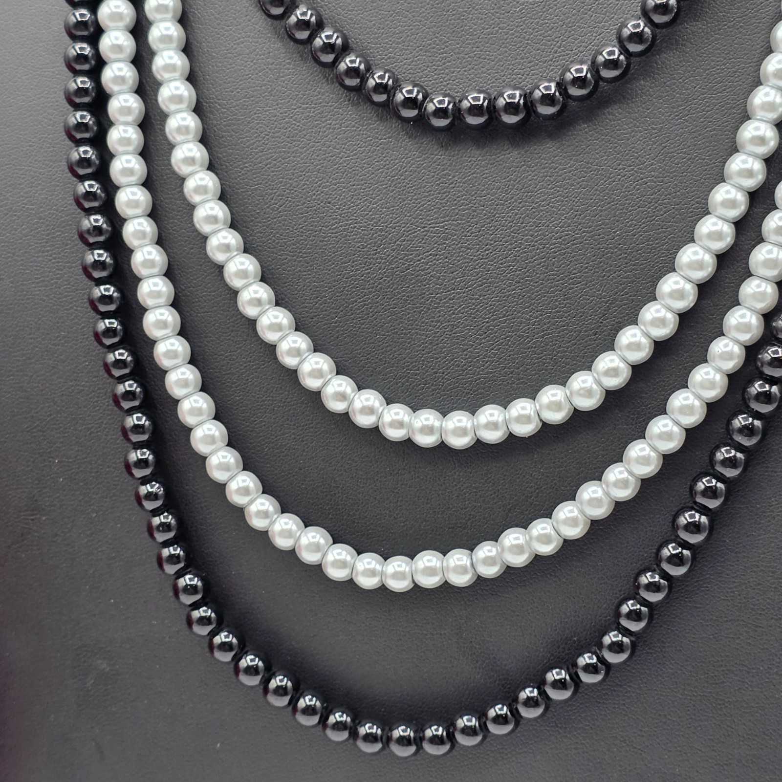 Multi-Strand Necklace Faux Pearl Black Silver Layered Old Money Grandmother