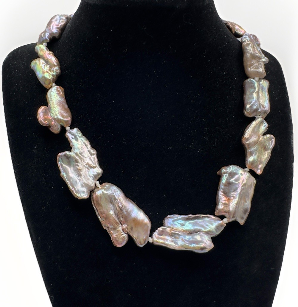Pearl Necklace Peacock Baroque Keshi Reborn 16 Inch Choker Length Flat Abstract