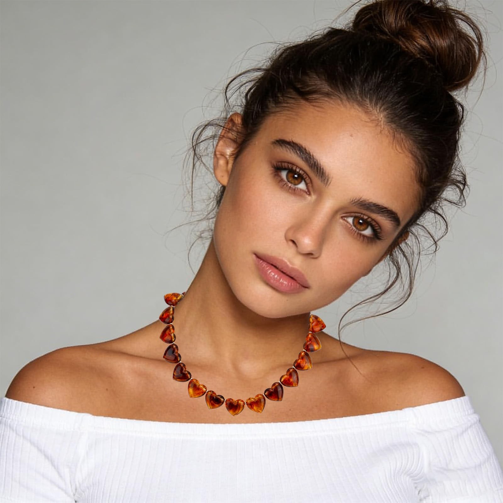 Mikovivi Chunky Heart Choker Necklace for Women, Amber Medium, amber color