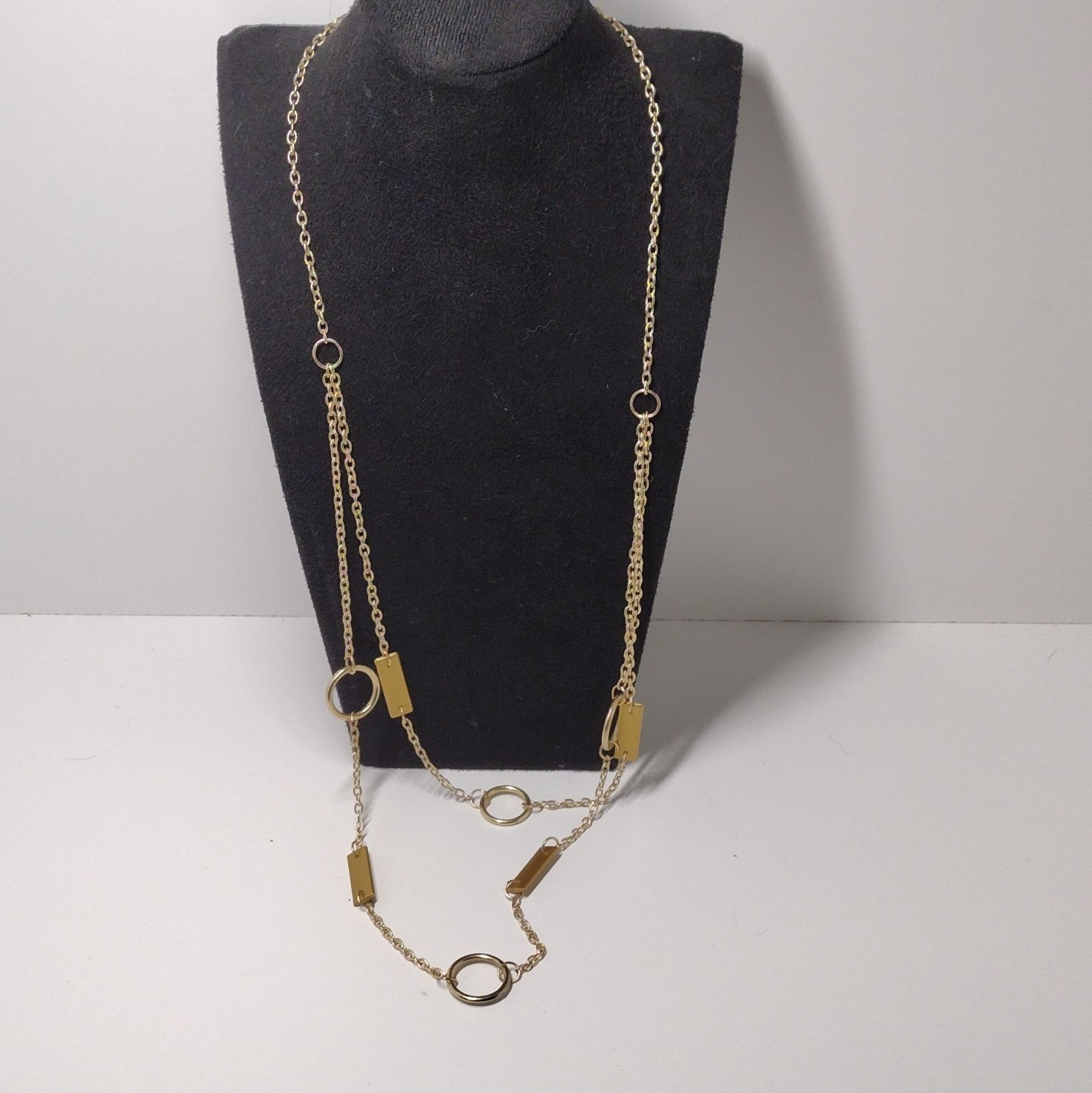 Gold Tone Layered Station Round Link Chain Necklace Lobster Clasp No Stone