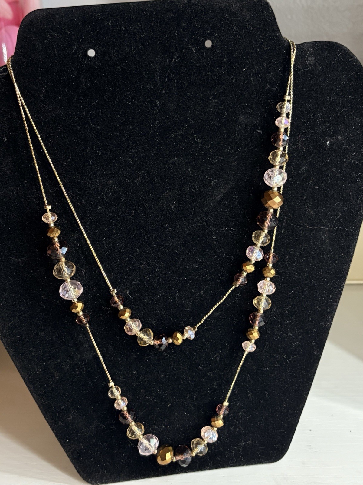 Swarovski Crystal Bead Necklace Amethyst Champagne Bronze Tones 35”