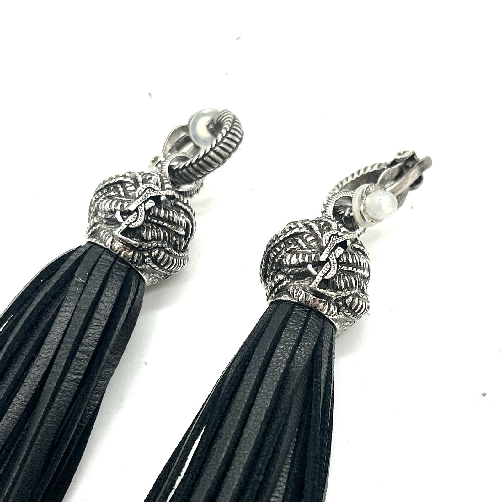 Auth Saint Laurent Paris Tassel Leather Earrings Black 2Y1741