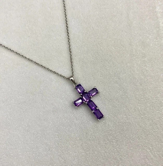 1.50Ct Emerald Cut Simulated Amethyst Holy Cross Pendant 14K White Gold Plated