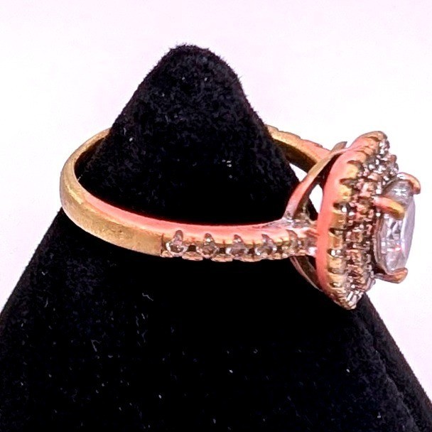 S925 Sterling Silver Gold Tone Heart Halo Ring Clear Stone Pavé Band Size 7