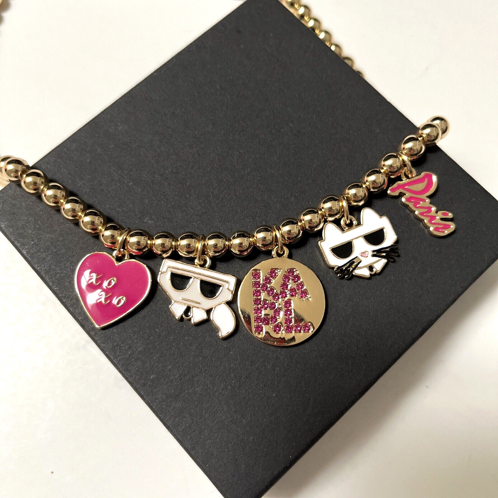 New KARL LAGERFELD Paris Charm Fashion Necklace Choupette Cat Pink Rhinestone
