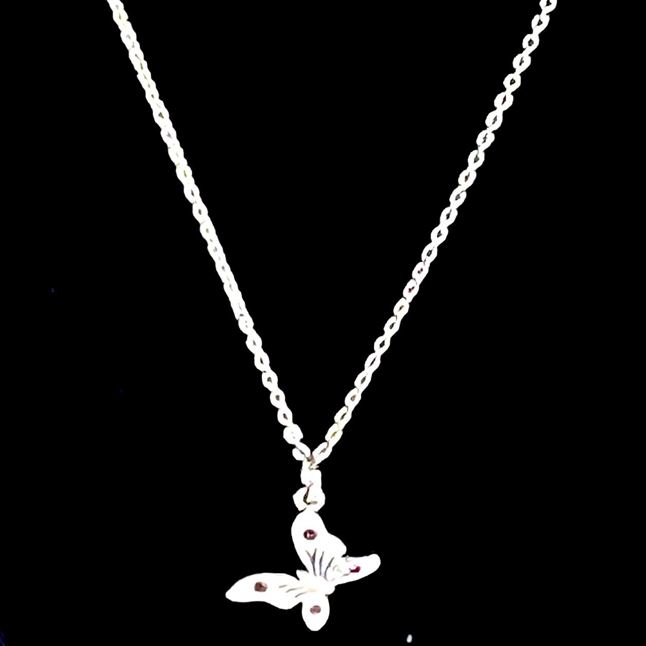 Silver Butterfly Pendant Necklace 4 Purple Rhinestones 17 In Chain Lobster Clasp