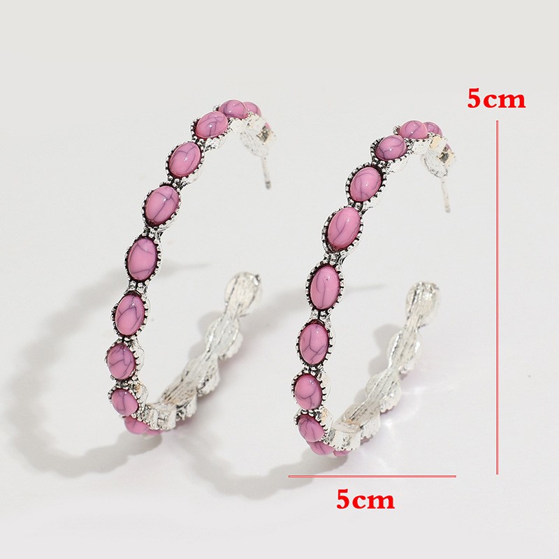 New Bohemian Pink Turquoise Circle C-Shaped Earrings