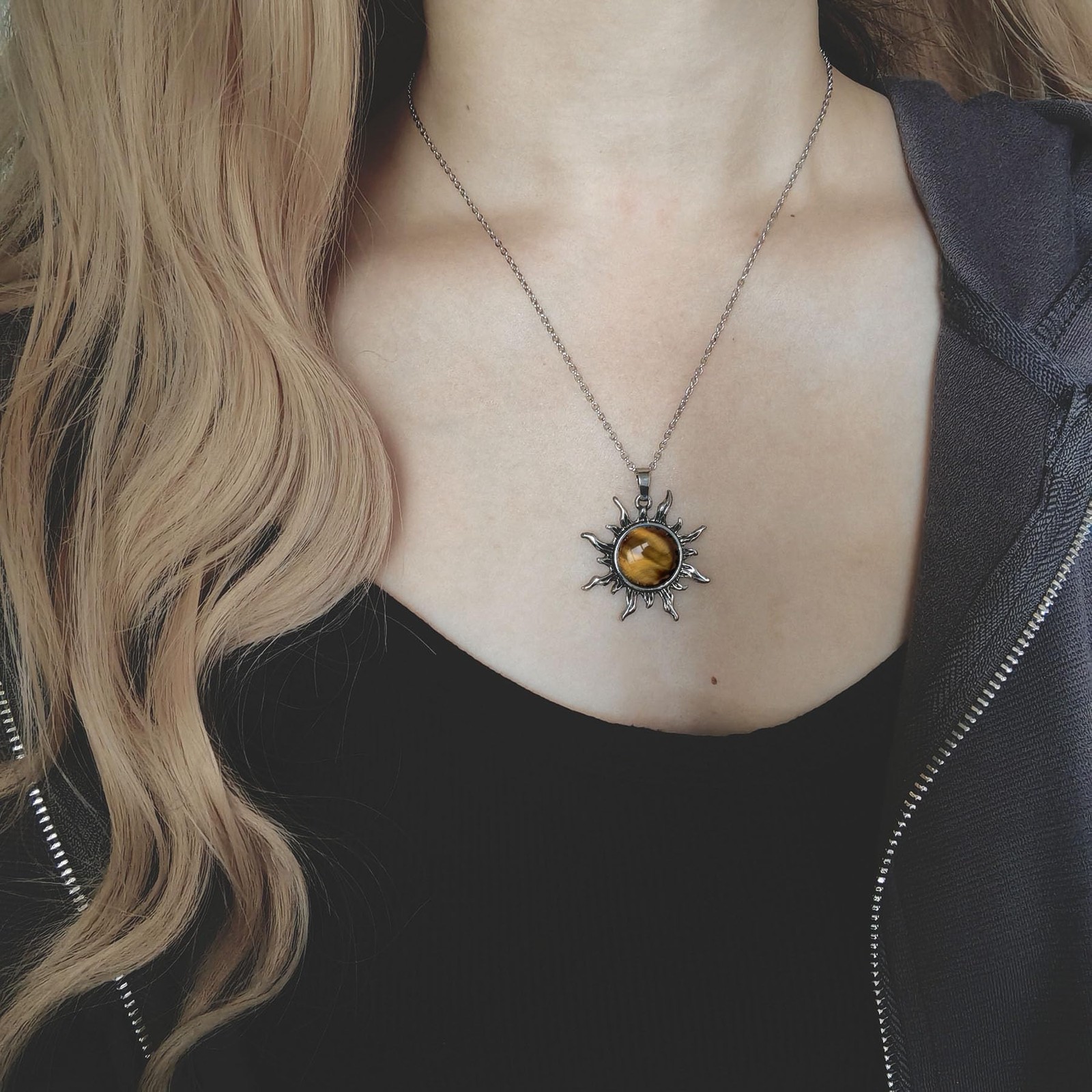 Tiger Eye Necklace, Natural Tiger Eye Stone Sun Pendant Necklace, Handmade He…