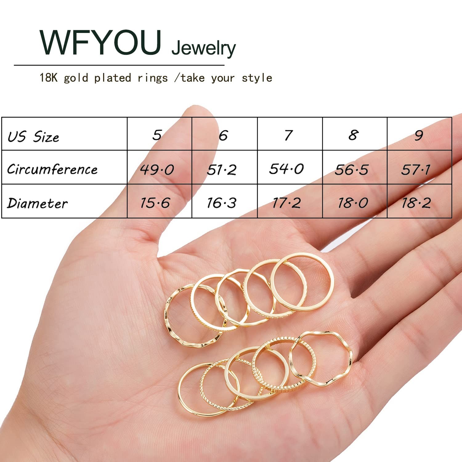 10 PCS 12mm 18K Gold Plated Simple Stacking Midi Rings Band Set Comfort