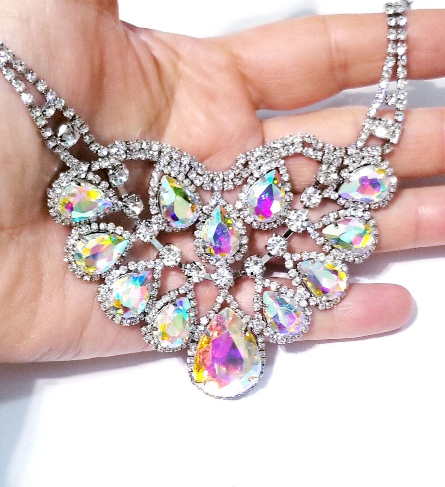Iridescent AB Crystal Choker Rhinestone Statement Necklace Bridal Prom Pageant