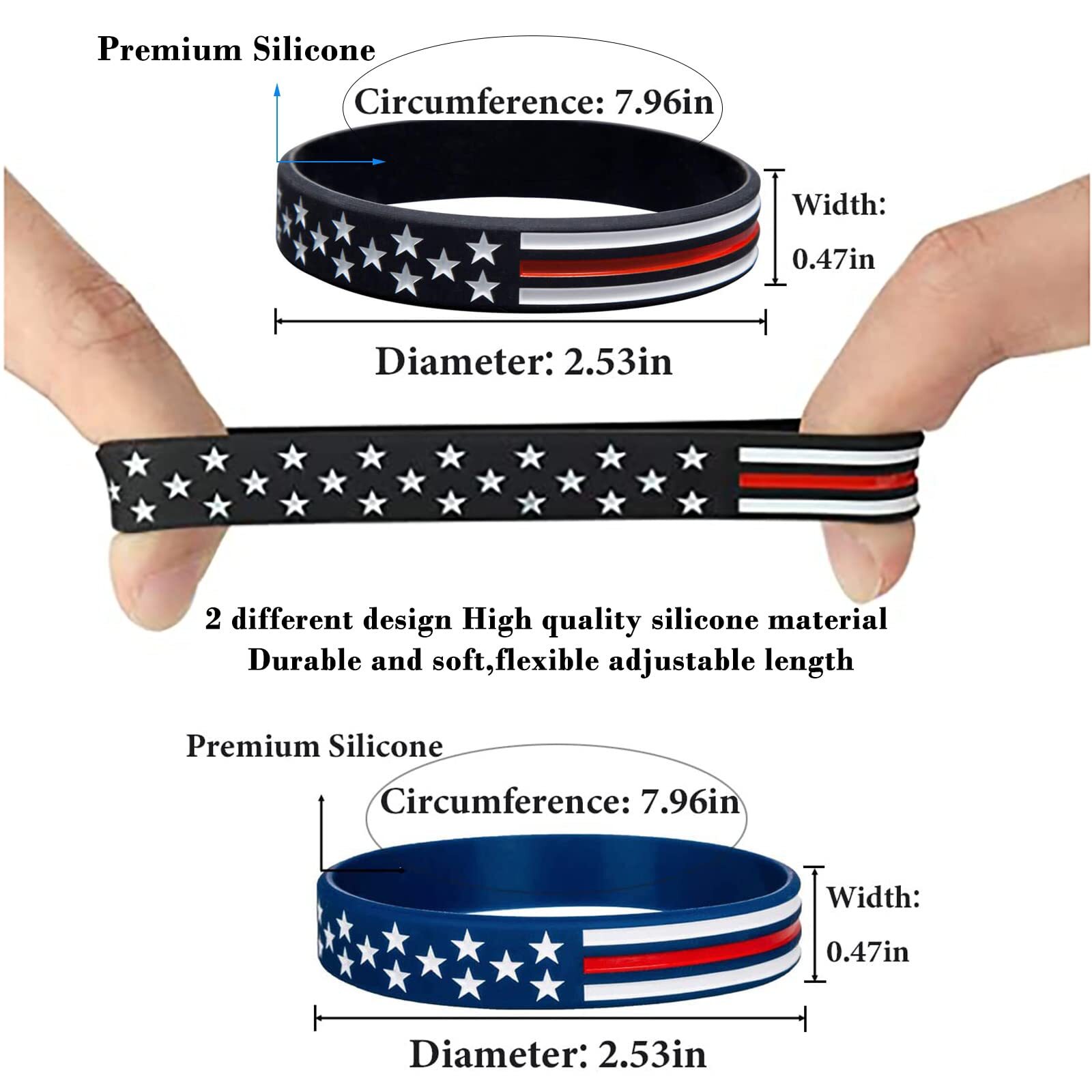 10 Pack American Flag Bracelets -Thin Red Line Silicone Rubber Wristband