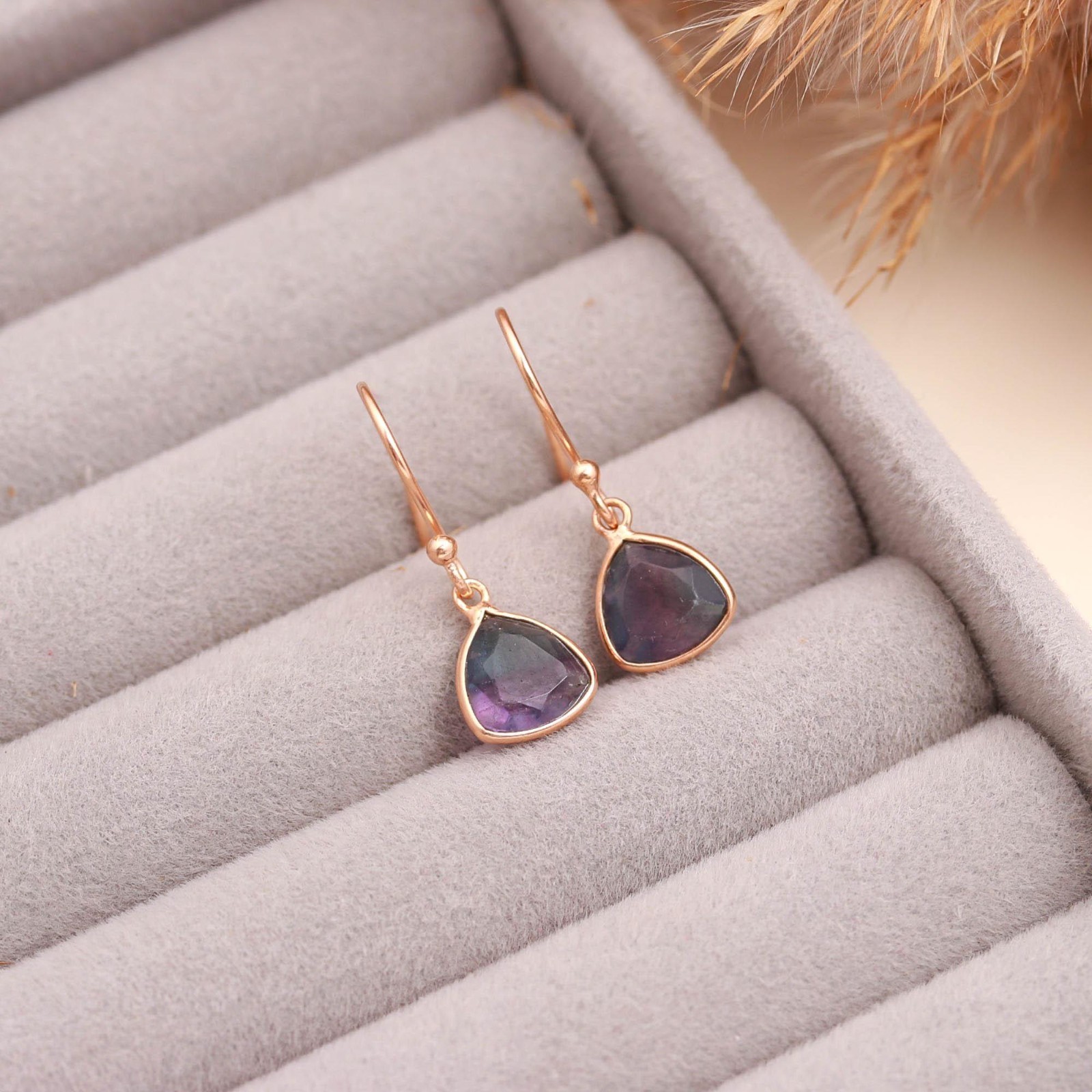Natural Fluorite Trillion Dangle Earrings Rose Gold Plated Solid Silver Jewelry