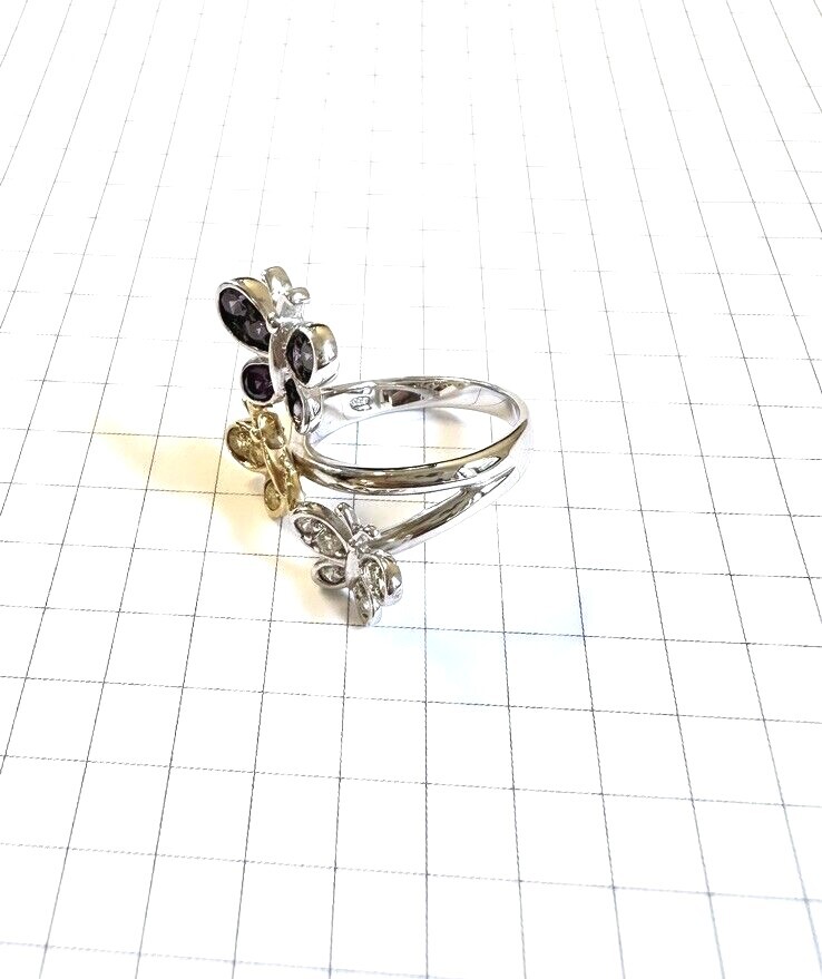 (SIZE 6,7,8,9) BUTTERFLY TRIO RING Gold, White, Purple CZs .925 STERLING SILVER