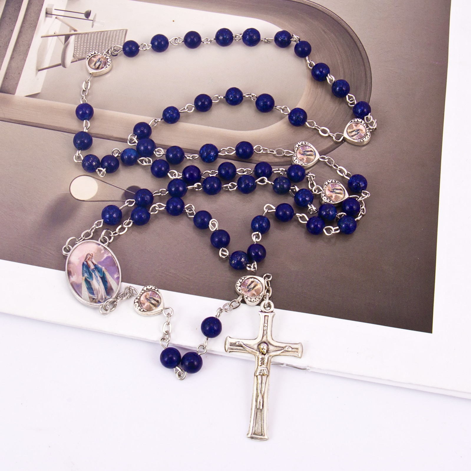 Lapis Lazuli Blue Beads Miraculous Rosary Necklace Epoxy Medal & Jesus Cross