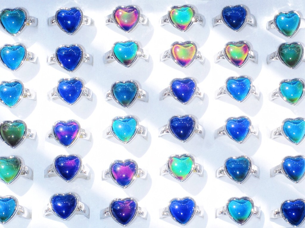 Wholesale 30 Heart Mood Rings Mix Women Silver Plated Change Color Finger Charms