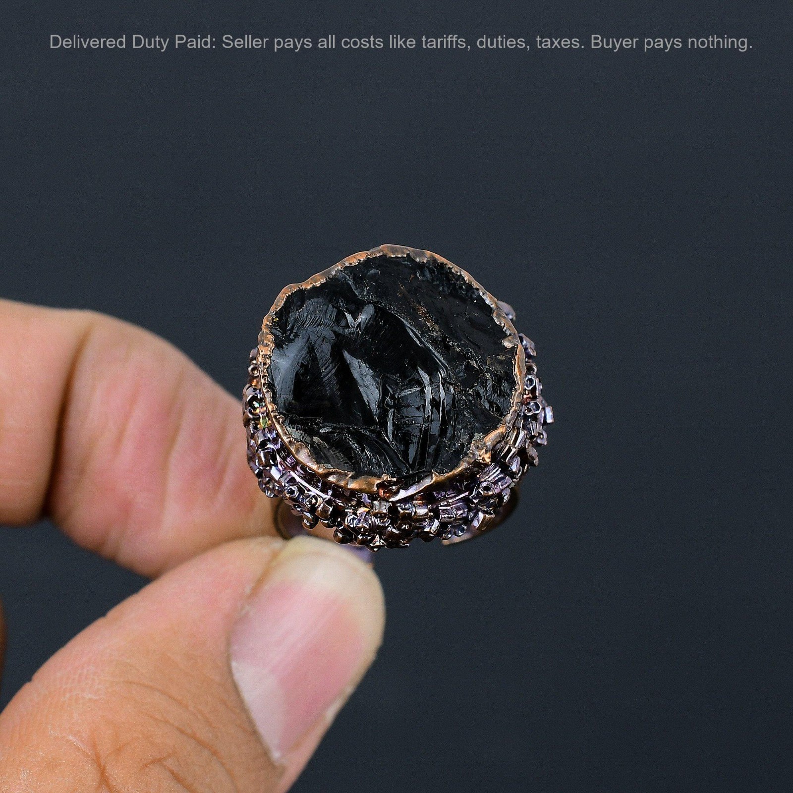 Copper Black Tourmaline Rough Stone Solitaire Electroformed Artisan Ring Jewelry