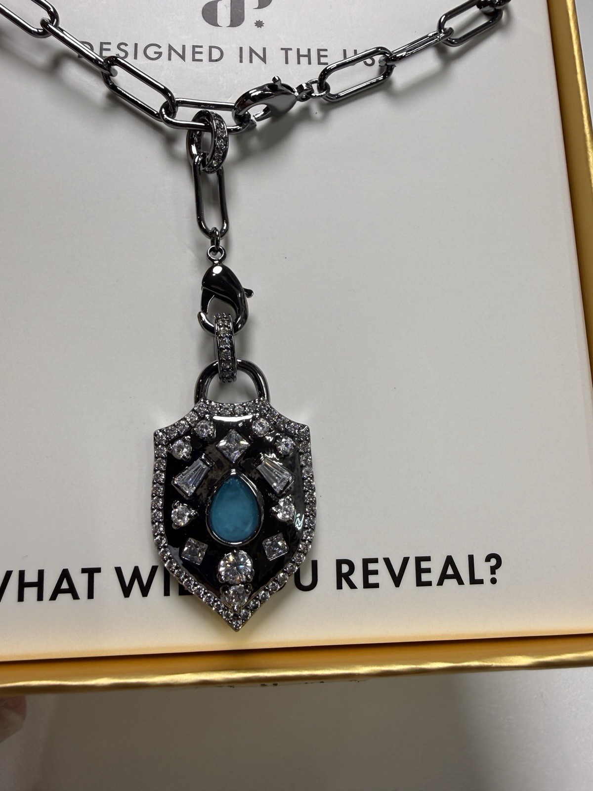 BP The Gem Society Hematite Plated Link Chain Shield Pendant Blue Teardrop Stone