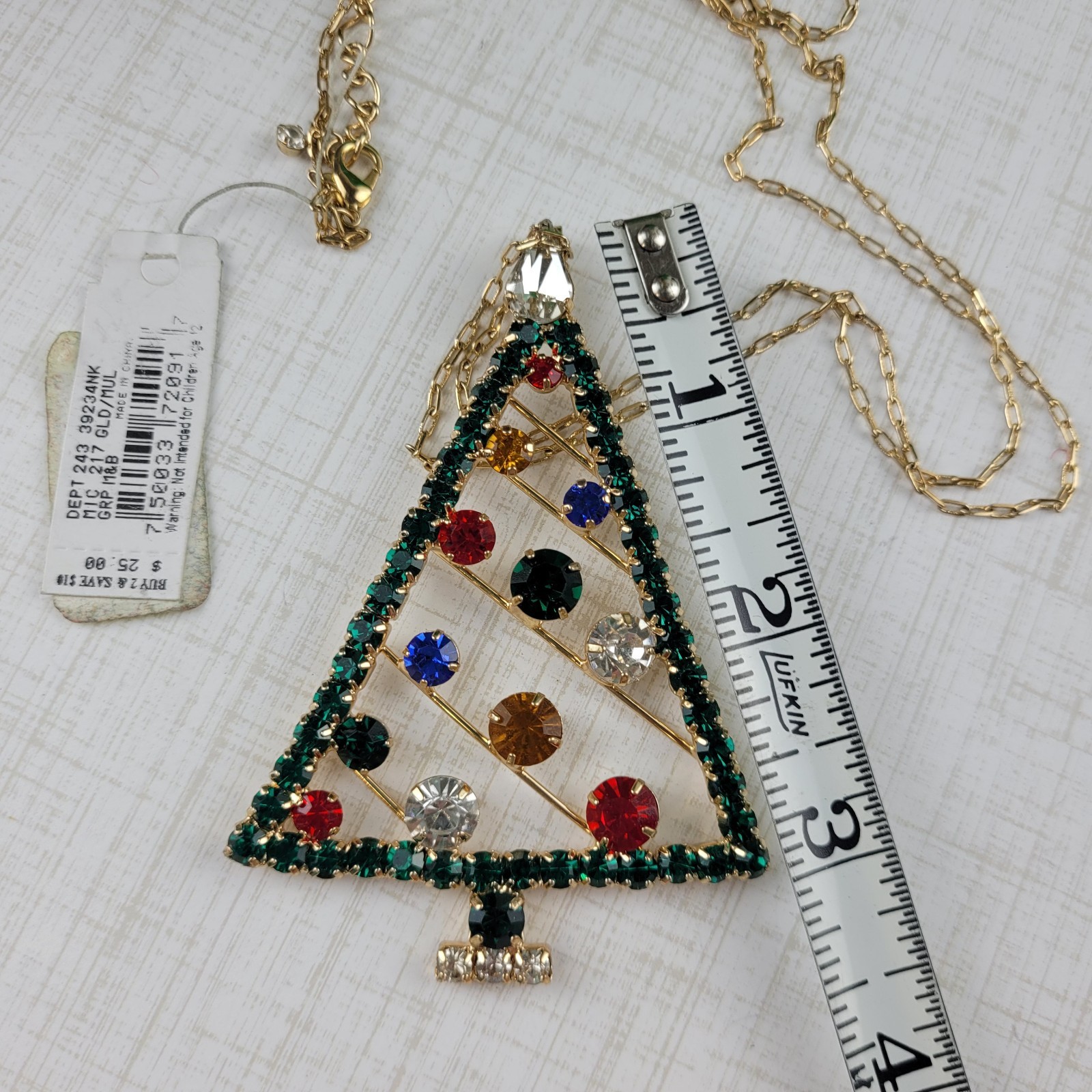 Large Rhinestone Christmas Tree Pendant Necklace Extra Long Chain 35″