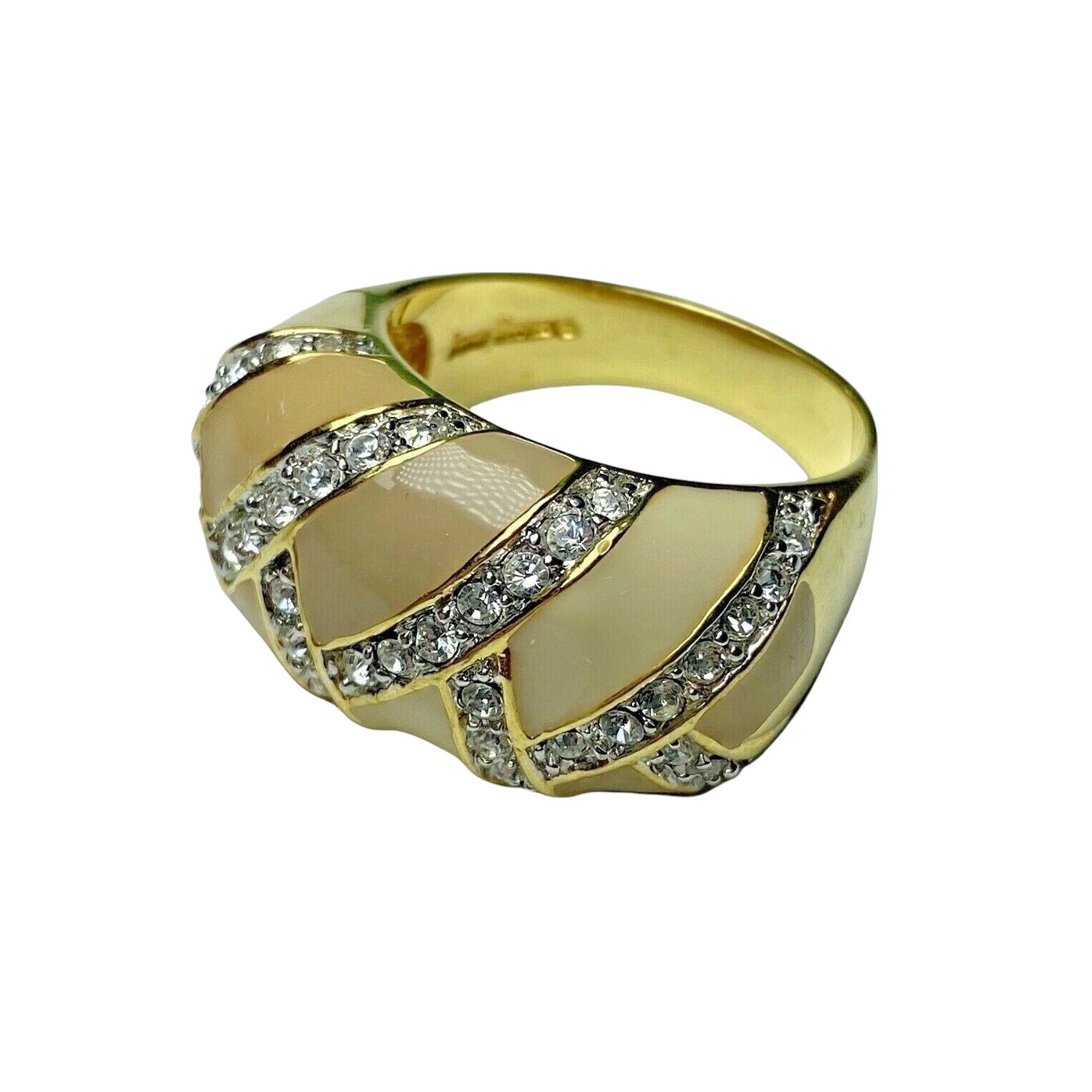 Signed JOAN RIVERS Thick Enamel Rhinestone Ring Gold Tan Beige PICK SIZE 6-7-8-9