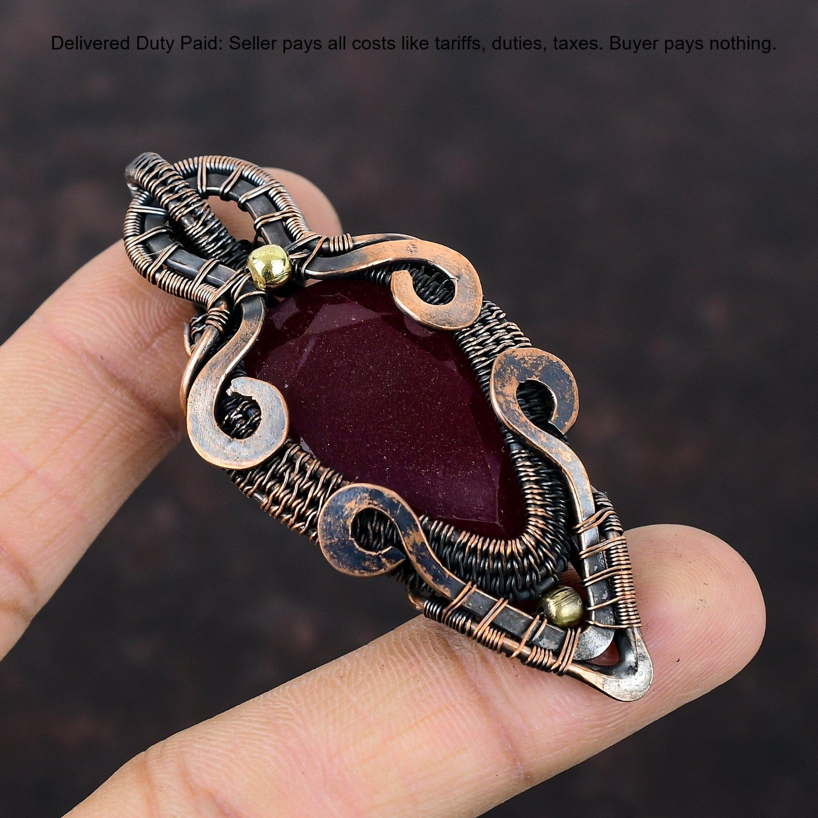 Copper Pear Kashmir Rubi Gemstone Wife Wire Wrapped Anniversary Birthday Pendant