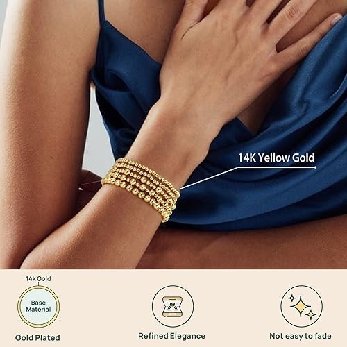 Gold Bracelets for Women, 14K Gold Plated Beaded Stretch Bracelet Strand Bead…
