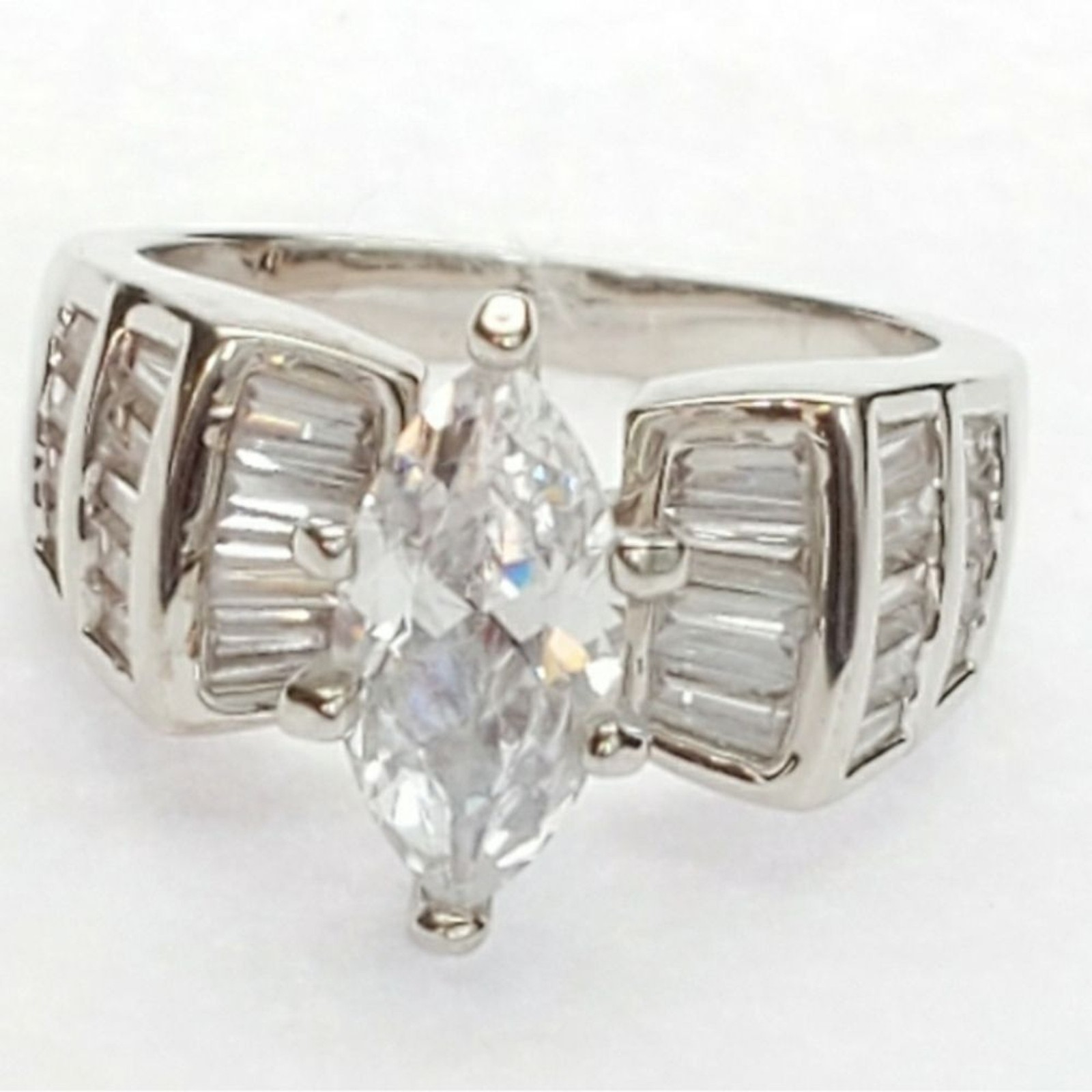 Silver Rhodium Plated Marquise Solitaire Ring Size10
