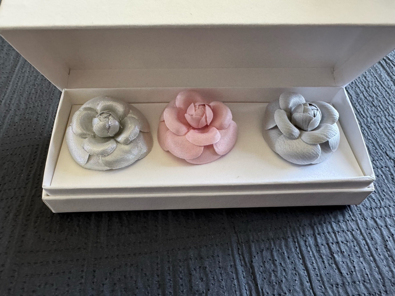 3 Authentic CHANEL Camellia Brooches/Pins Set VIP Fashion Show Gift