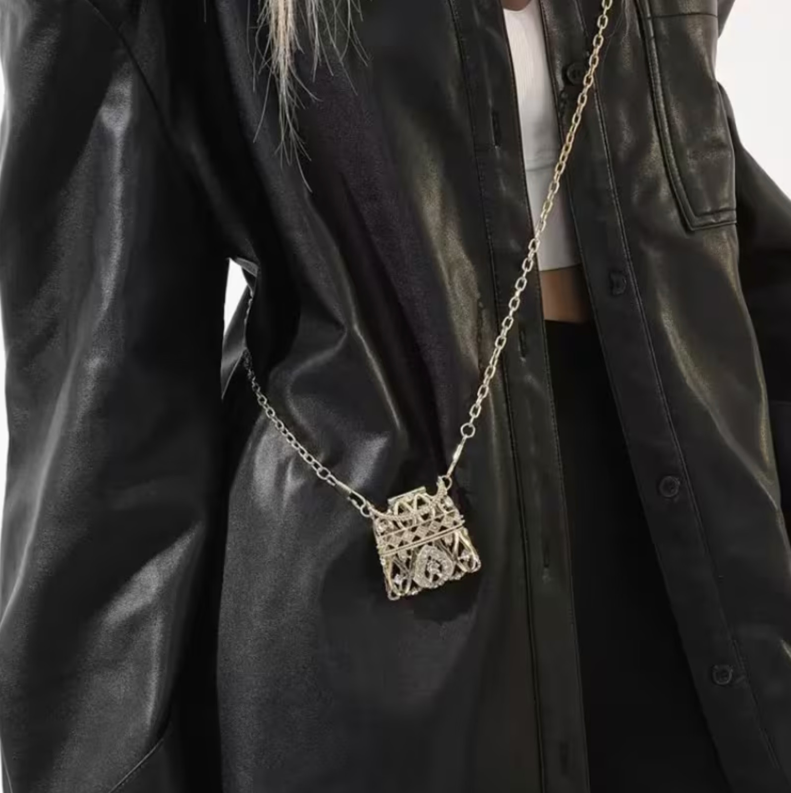 Mini Crystal Purse Pendant Necklace Gold Tone Long Chain Crossbody Handbag Charm