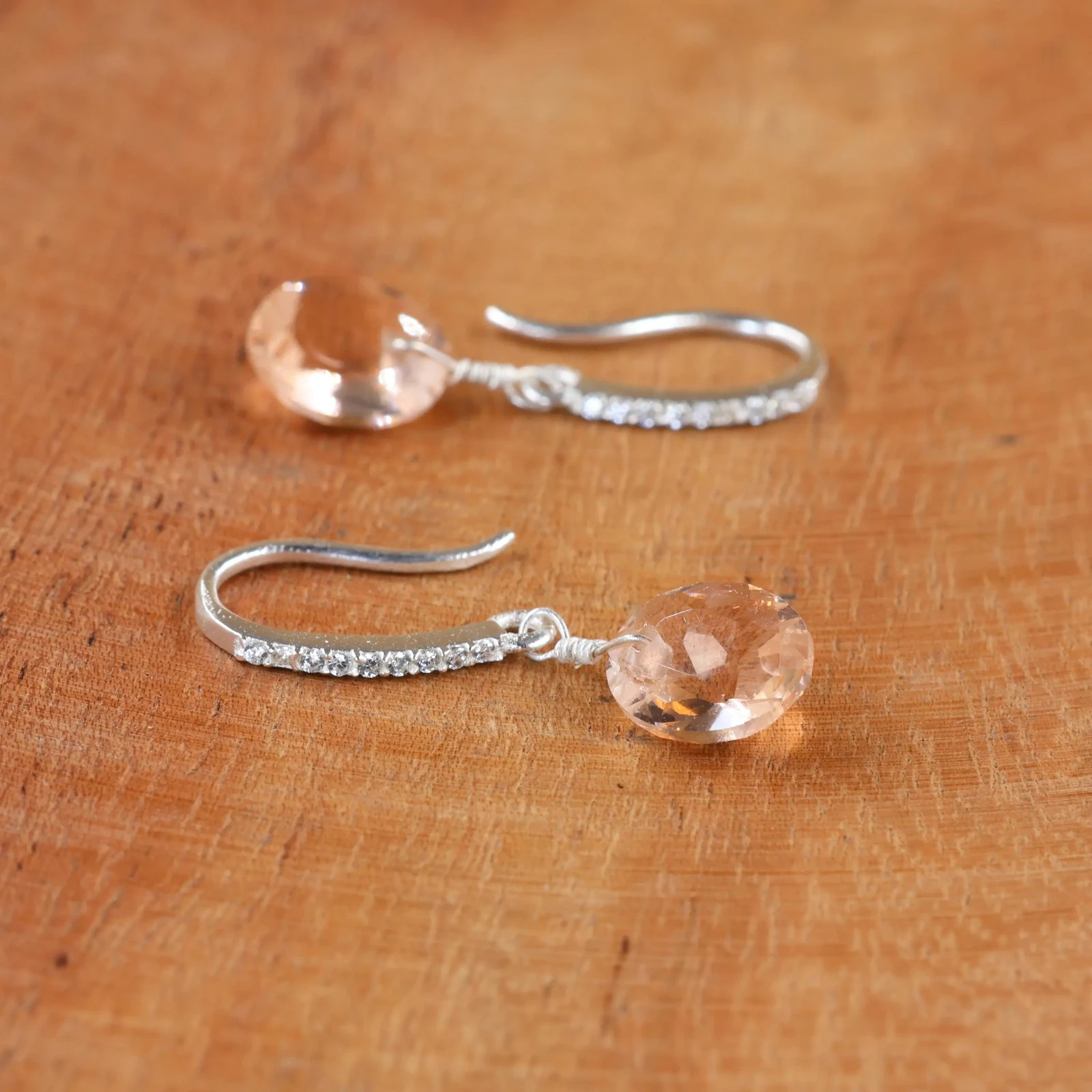 Peach Morganite Hook Earrings, Handmade Gemstone Jewelry, Chic Statement Earring