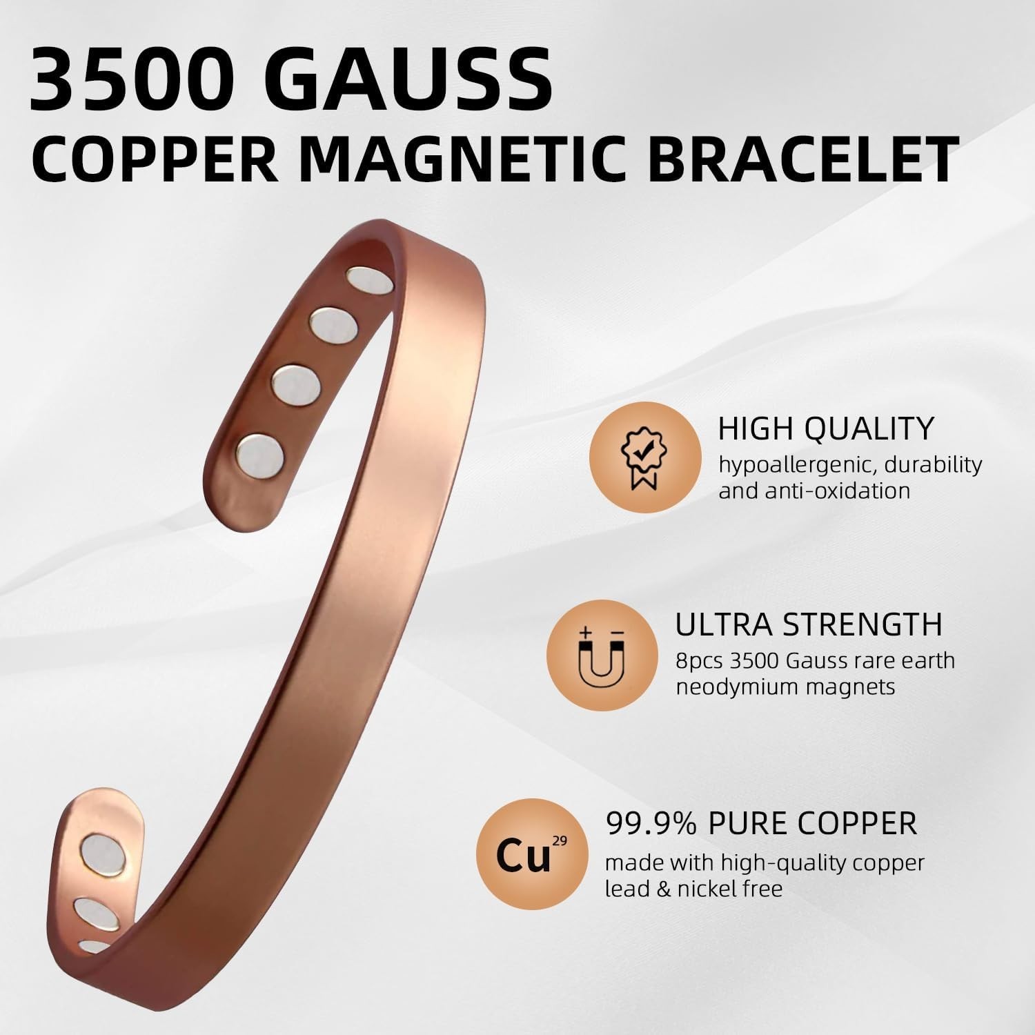 Stylish 99.9% Pure Copper Adjustable Bangle with 8 Magnetic Therapy Gems, 6.8″