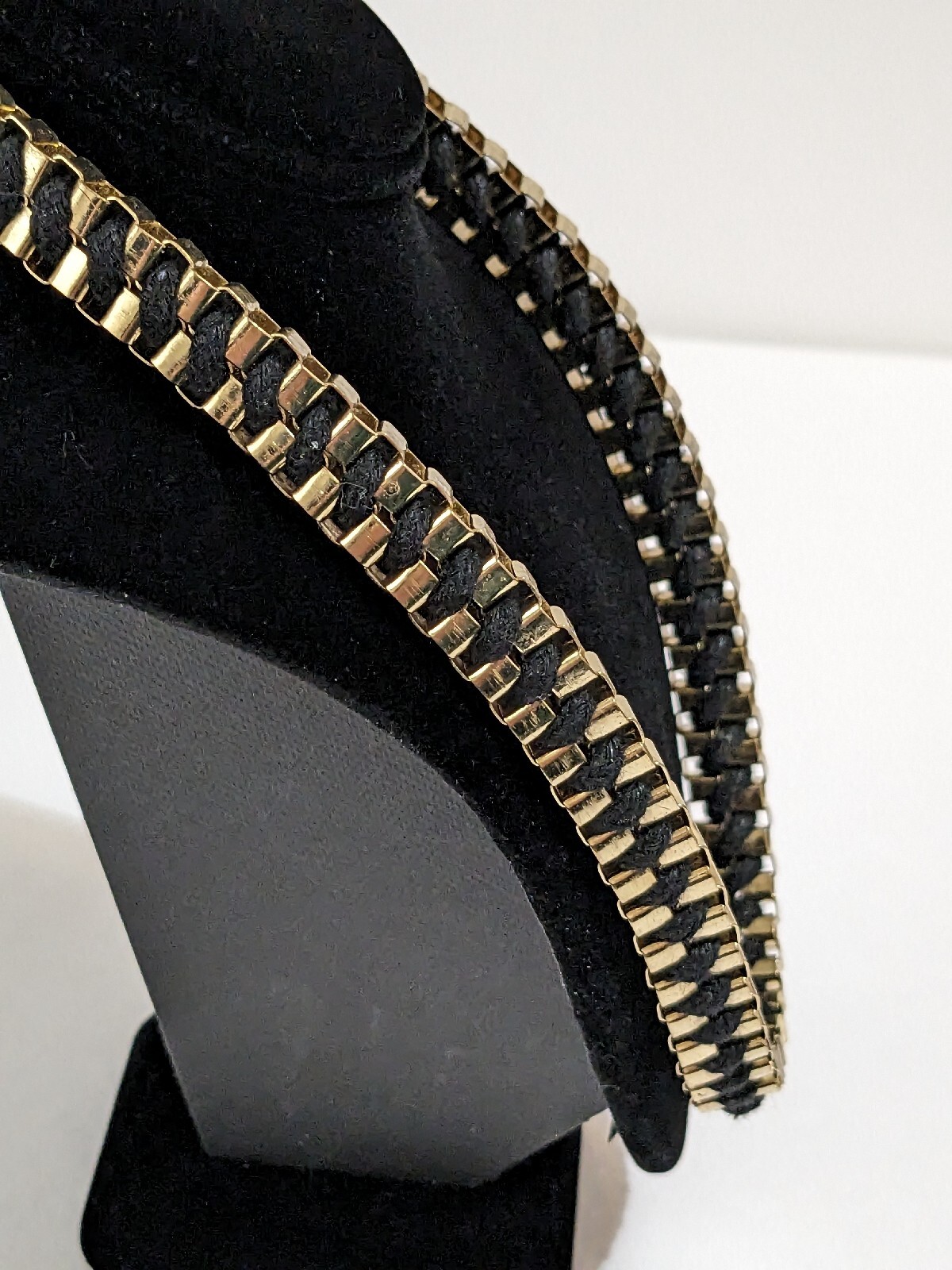 Gold Tone And Black Cord Braided Box Chain Necklace. Vintage. 16 Inch.