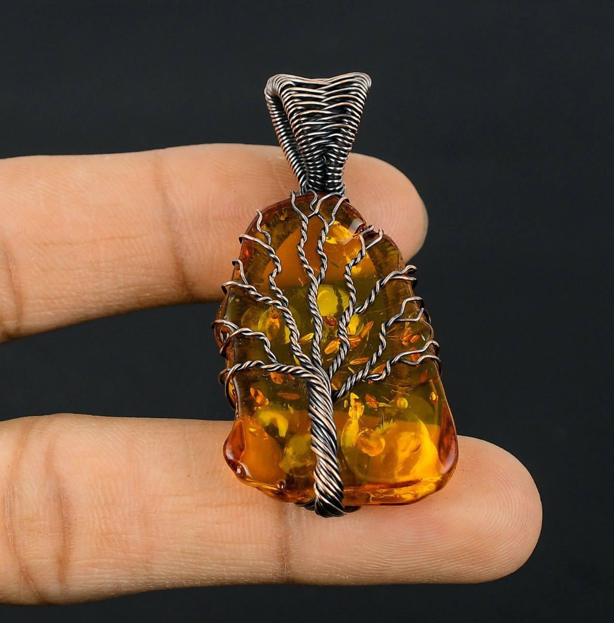 Baltic Amber Handmade Gemstones Copper Wire Wrap Tree of Life Jewelry Pendant