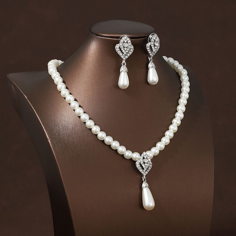 Silver Alloy Jewelry Set Imitation Pearl Drop Necklace Evening Party Accessory