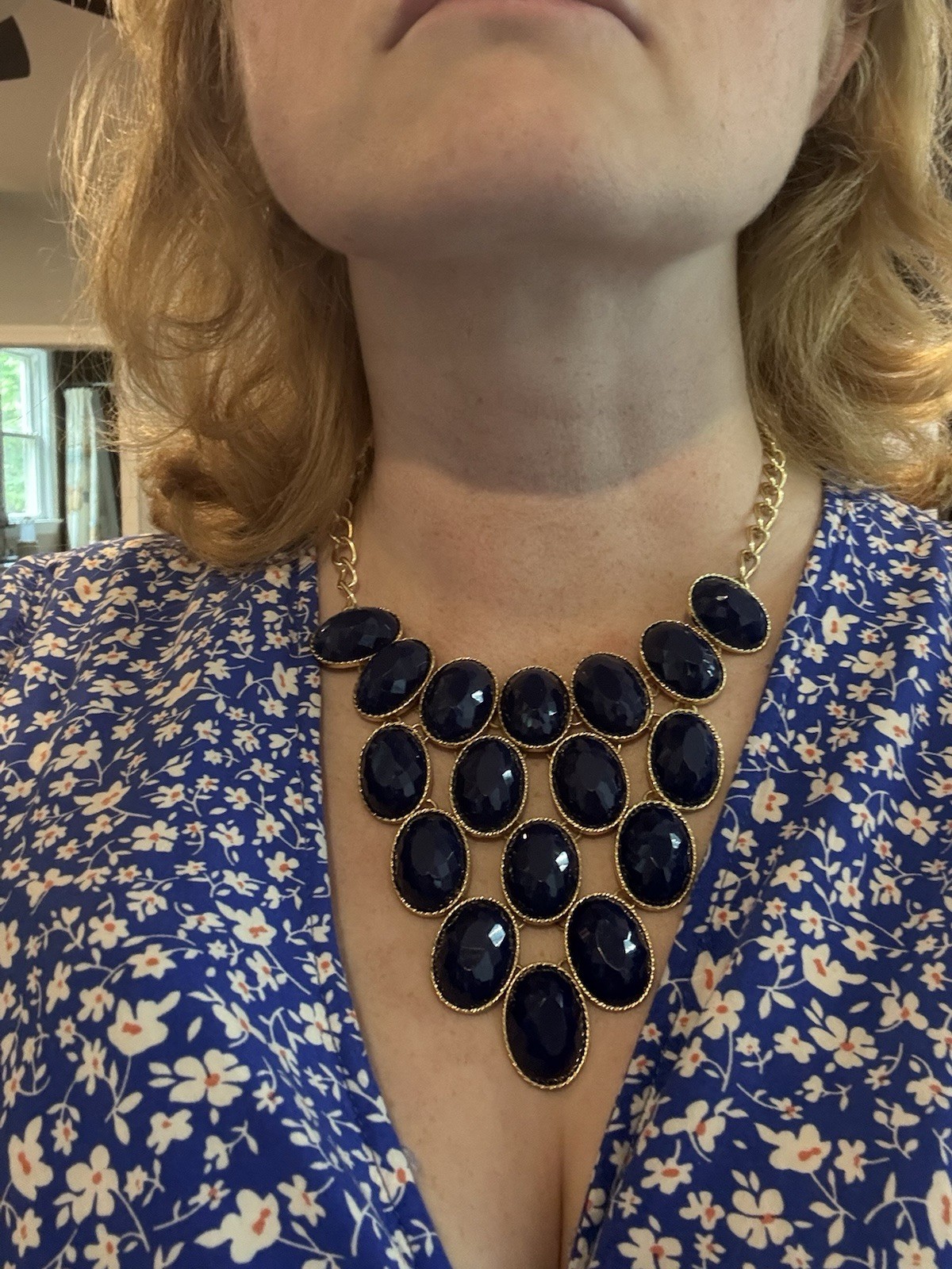 Fashion Bib Necklace Dark Blue and Gold Tones with Matching Earrings NWOT