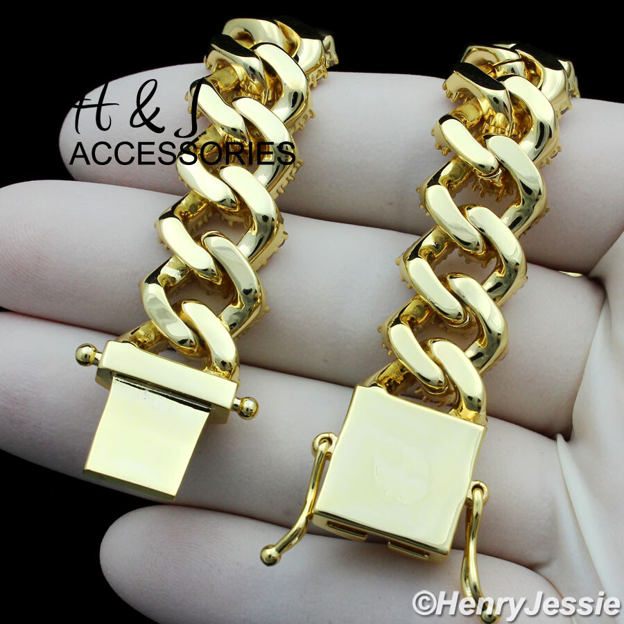 30″MEN 14K GOLD PLATED 14MM GOLD CZ MIAMI CUBAN CURB LINK CHAIN NECKLACE*ABN6