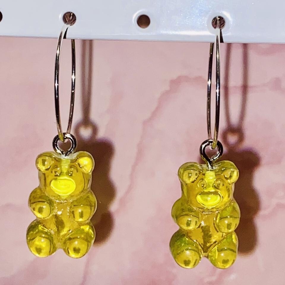 Gummy bear earrings with silver plated hoops or hooks red blue pink white black