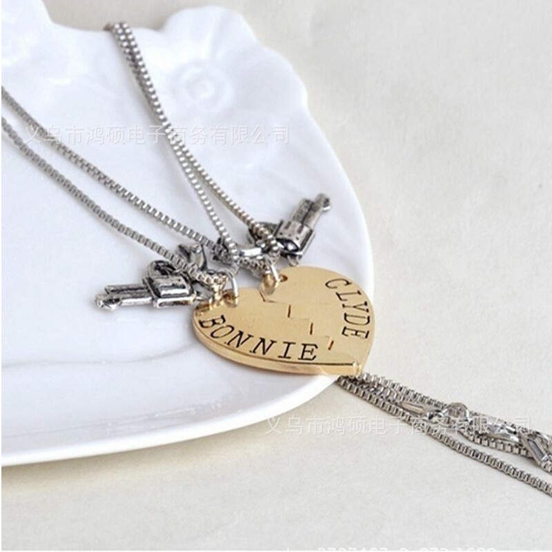 Bonnie And Clyde Love Heart Gun Gold Silver Color Pendant Necklace For Couples