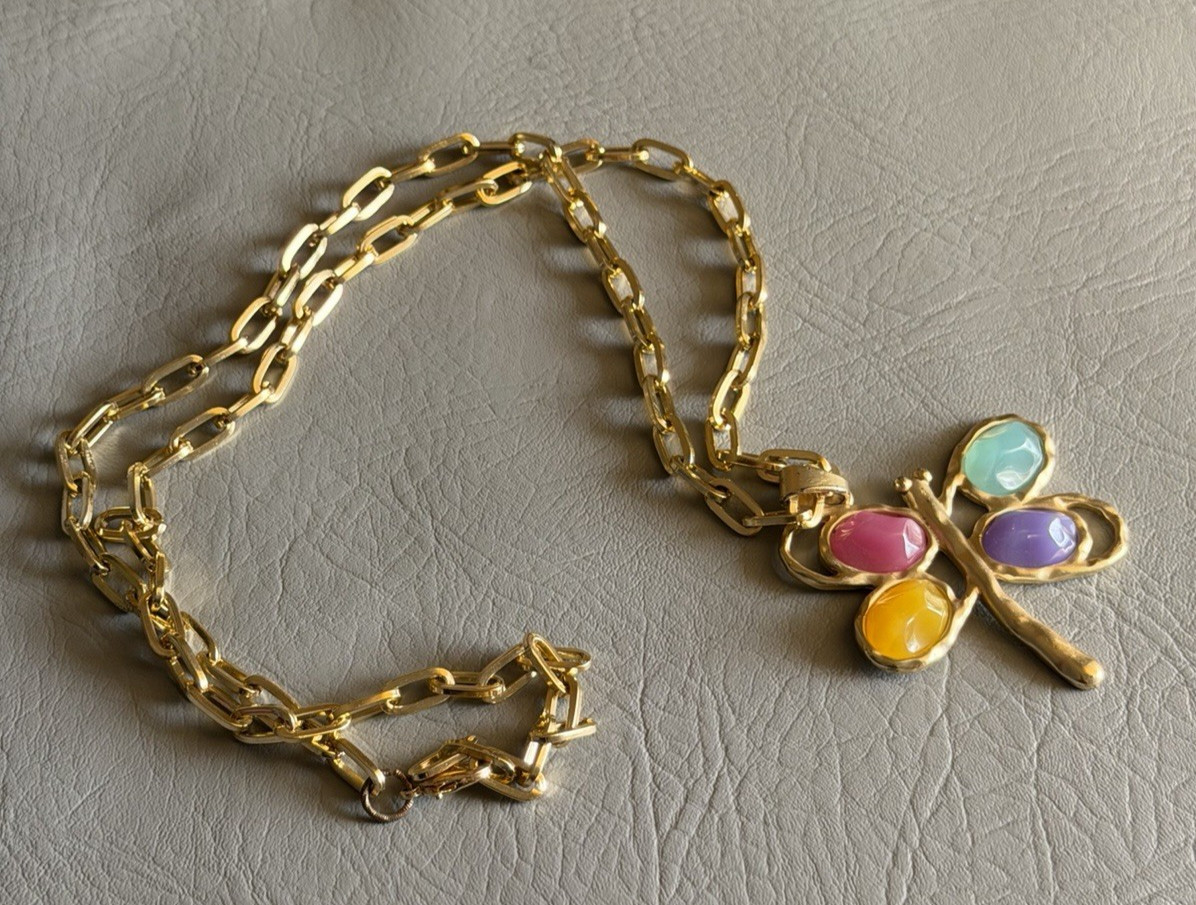 Gold Tone Paperclip Chain Link Necklace Multicolor Dragonfly Acrylic Stones 38″