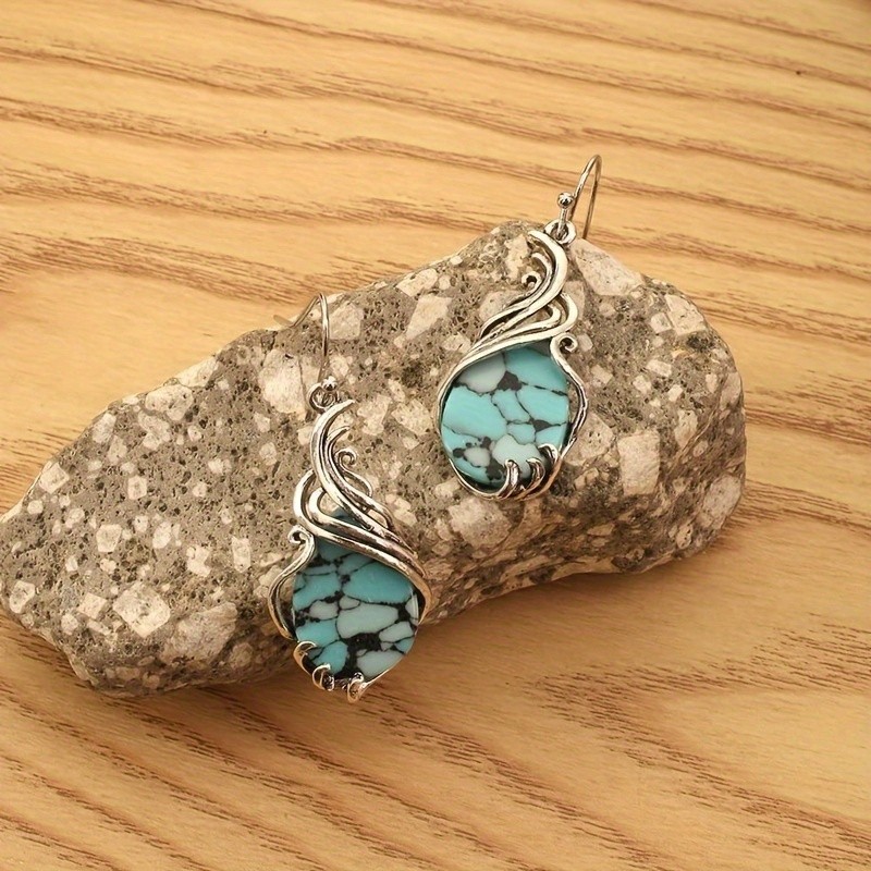Womens Boho Vintage Silver Plated Teardrop Faux Turquoise Dangle Drop Earrings