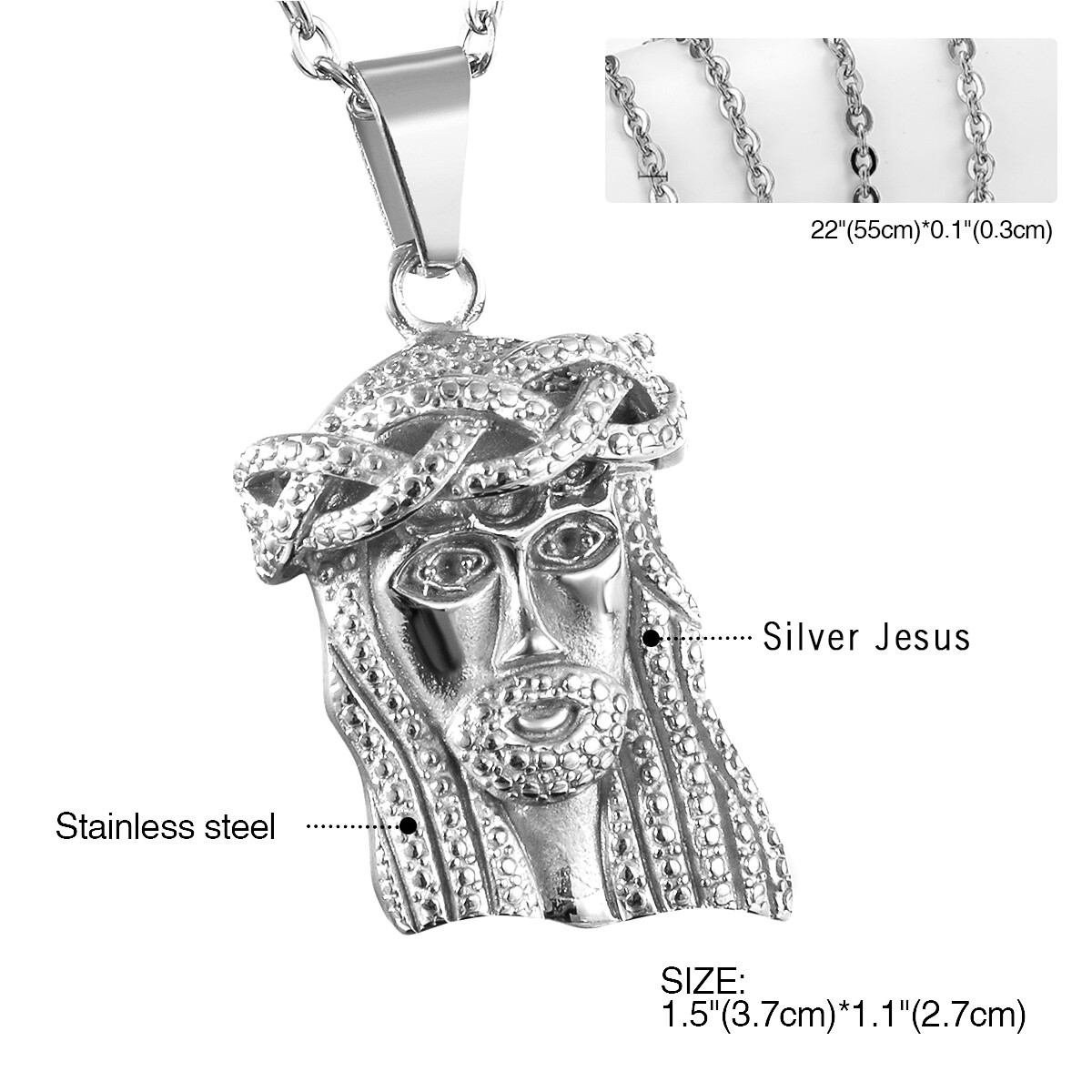 Hip Hop Silver Gold Men’s Stainless Steel Jesus Piece Necklace Pendant Chain 22′